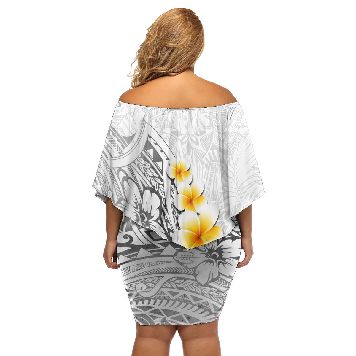 White Tropical Plumeria With Galaxy Polynesian Art Off Shoulder Short Dress LT14 - Polynesian Pride