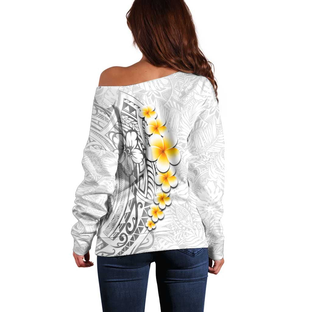 White Tropical Plumeria With Galaxy Polynesian Art Off Shoulder Sweater