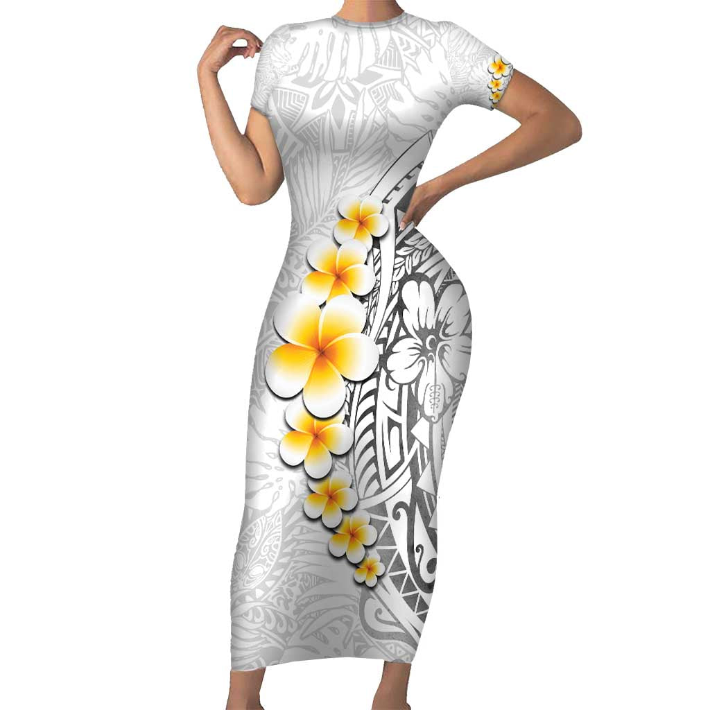 White Tropical Plumeria With Galaxy Polynesian Art Short Sleeve Bodycon Dress