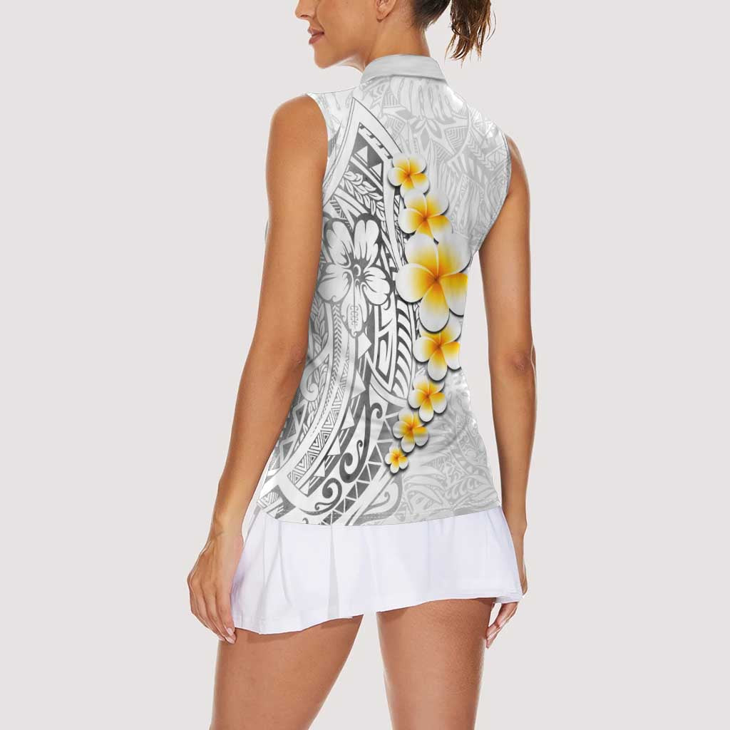 White Tropical Plumeria With Galaxy Polynesian Art Women Sleeveless Polo Shirt