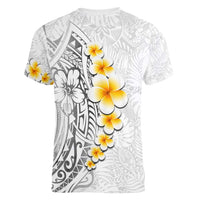 White Tropical Plumeria With Galaxy Polynesian Art Women V-Neck T-Shirt