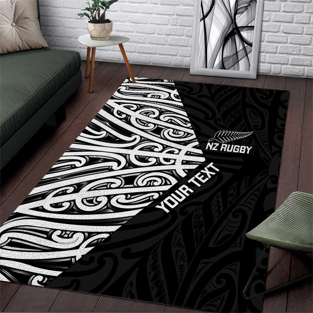 New Zealand Silver Fern Rugby Custom Area Rug Maori Koru Go Black Fern - Polynesian Pride