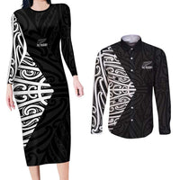 New Zealand Silver Fern Rugby Custom Couples Matching Long Sleeve Bodycon Dress and Long Sleeve Button Shirt Maori Koru Go Black Fern - Polynesian Pride