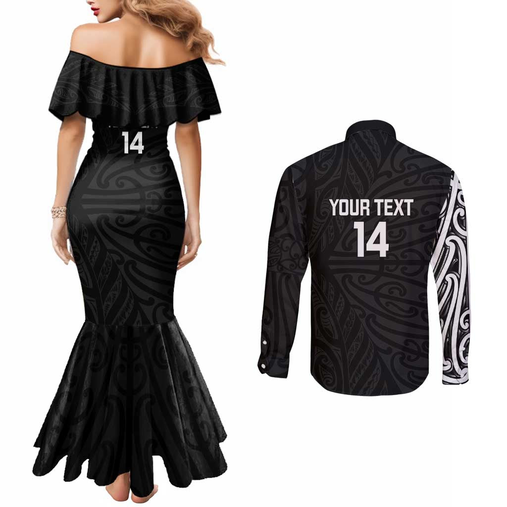 New Zealand Silver Fern Rugby Custom Couples Matching Mermaid Dress and Long Sleeve Button Shirt Maori Koru Go Black Fern - Polynesian Pride