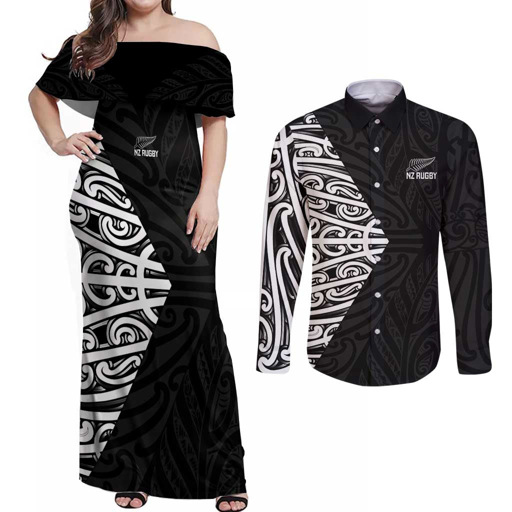 New Zealand Silver Fern Rugby Custom Couples Matching Off Shoulder Maxi Dress and Long Sleeve Button Shirt Maori Koru Go Black Fern - Polynesian Pride