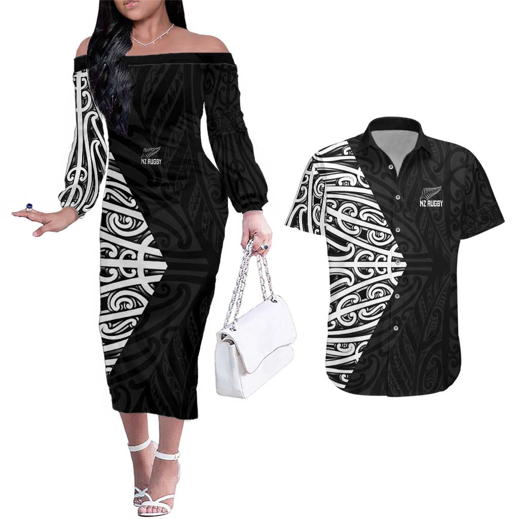 New Zealand Silver Fern Rugby Custom Couples Matching Off The Shoulder Long Sleeve Dress and Hawaiian Shirt Maori Koru Go Black Fern - Polynesian Pride