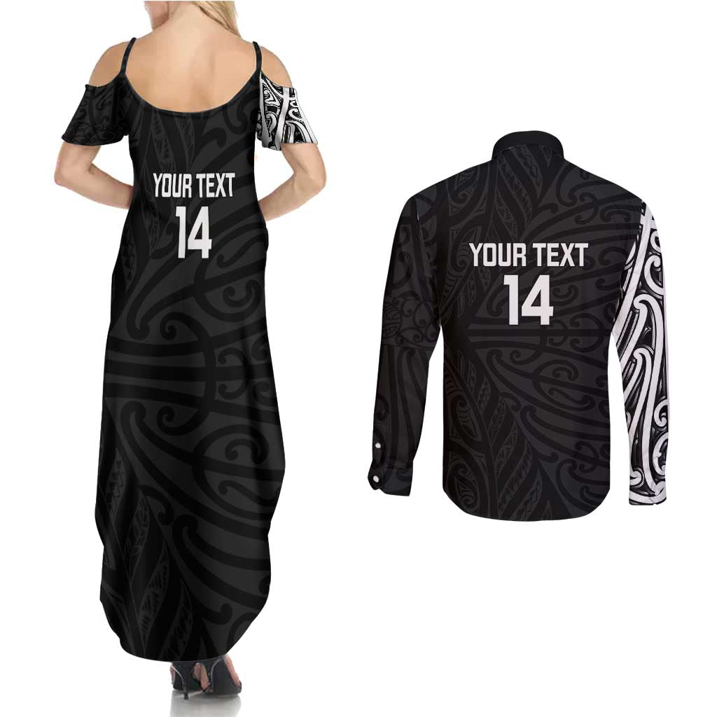 New Zealand Silver Fern Rugby Custom Couples Matching Summer Maxi Dress and Long Sleeve Button Shirt Maori Koru Go Black Fern - Polynesian Pride