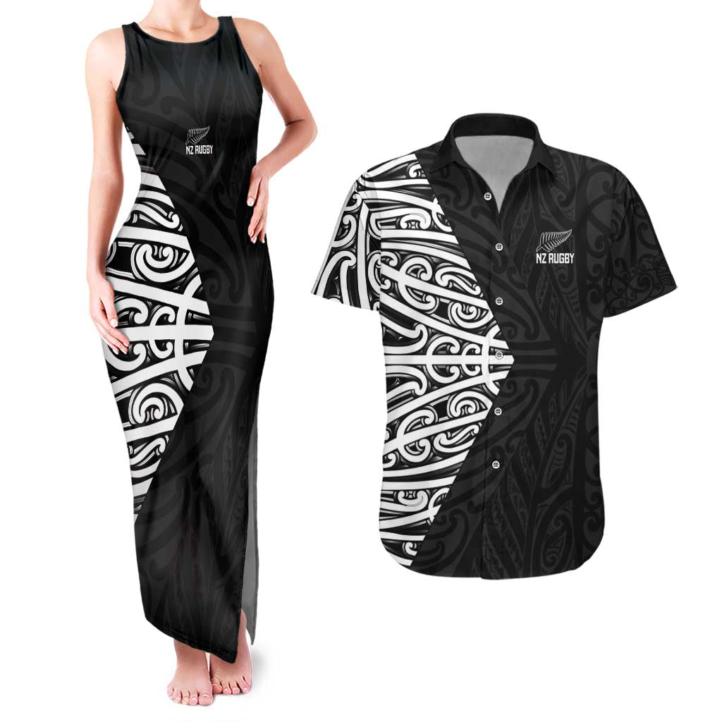 New Zealand Silver Fern Rugby Custom Couples Matching Tank Maxi Dress and Hawaiian Shirt Maori Koru Go Black Fern - Polynesian Pride