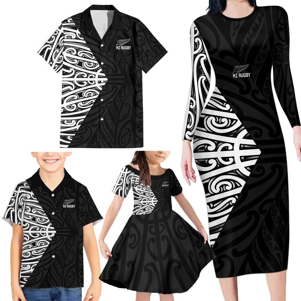 New Zealand Silver Fern Rugby Custom Family Matching Long Sleeve Bodycon Dress and Hawaiian Shirt Maori Koru Go Black Fern - Polynesian Pride