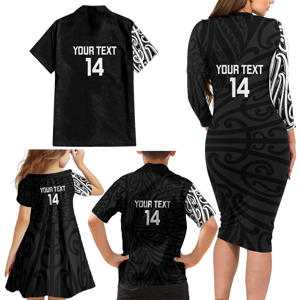New Zealand Silver Fern Rugby Custom Family Matching Long Sleeve Bodycon Dress and Hawaiian Shirt Maori Koru Go Black Fern - Polynesian Pride