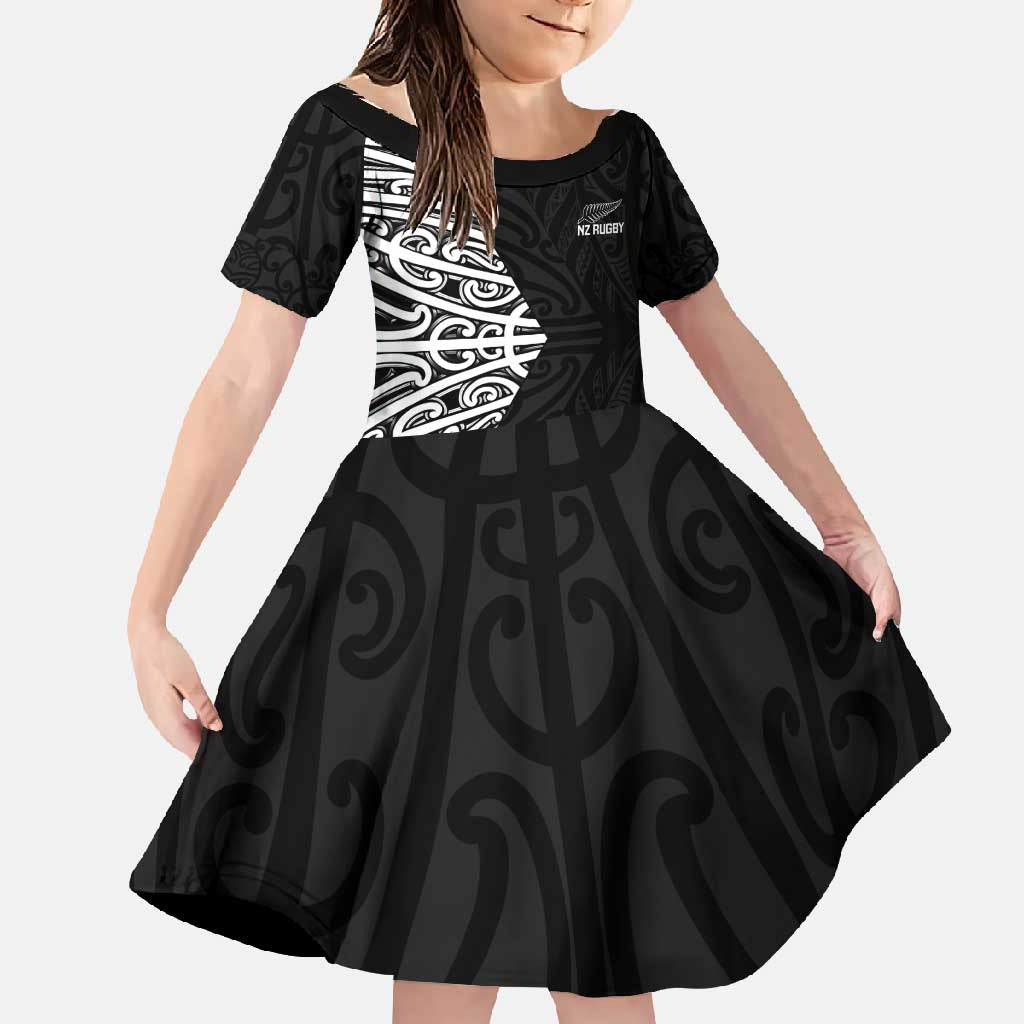 New Zealand Silver Fern Rugby Custom Family Matching Off Shoulder Maxi Dress and Hawaiian Shirt Maori Koru Go Black Fern - Polynesian Pride