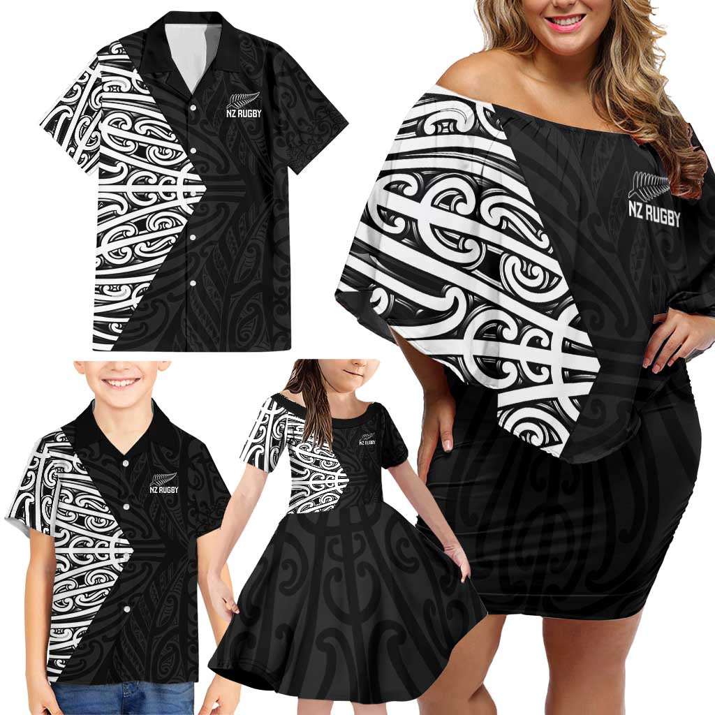 New Zealand Silver Fern Rugby Custom Family Matching Off Shoulder Short Dress and Hawaiian Shirt Maori Koru Go Black Fern - Polynesian Pride