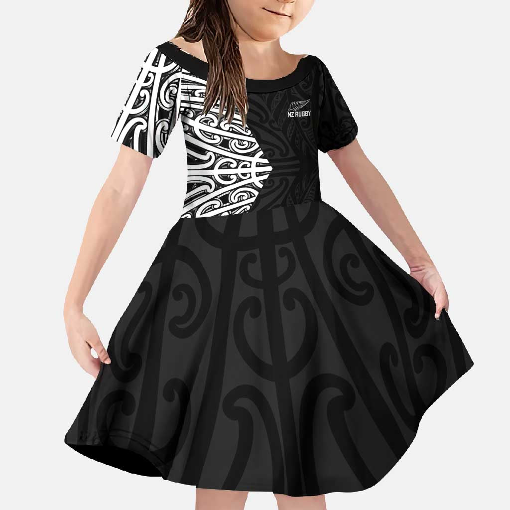 New Zealand Silver Fern Rugby Custom Family Matching Short Sleeve Bodycon Dress and Hawaiian Shirt Maori Koru Go Black Fern - Polynesian Pride