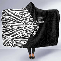 New Zealand Silver Fern Rugby Custom Hooded Blanket Maori Koru Go Black Fern - Polynesian Pride