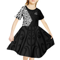 New Zealand Silver Fern Rugby Custom Kid Short Sleeve Dress Maori Koru Go Black Fern - Polynesian Pride