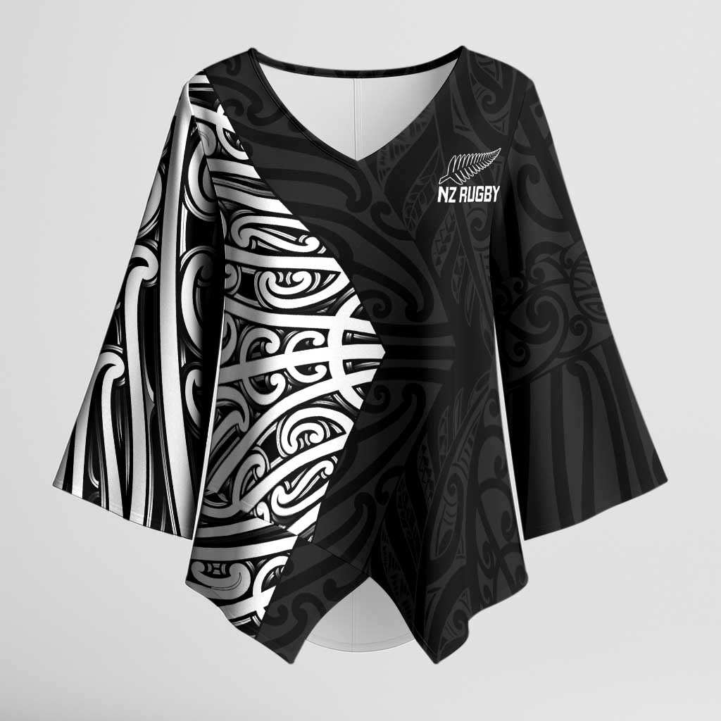 New Zealand Silver Fern Rugby Custom Kimono Sleeve Blouse Maori Koru Go Black Fern - Polynesian Pride
