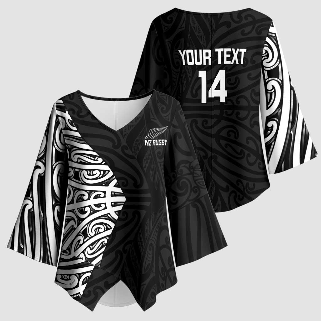 New Zealand Silver Fern Rugby Custom Kimono Sleeve Blouse Maori Koru Go Black Fern - Polynesian Pride
