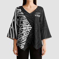 New Zealand Silver Fern Rugby Custom Kimono Sleeve Blouse Maori Koru Go Black Fern - Polynesian Pride