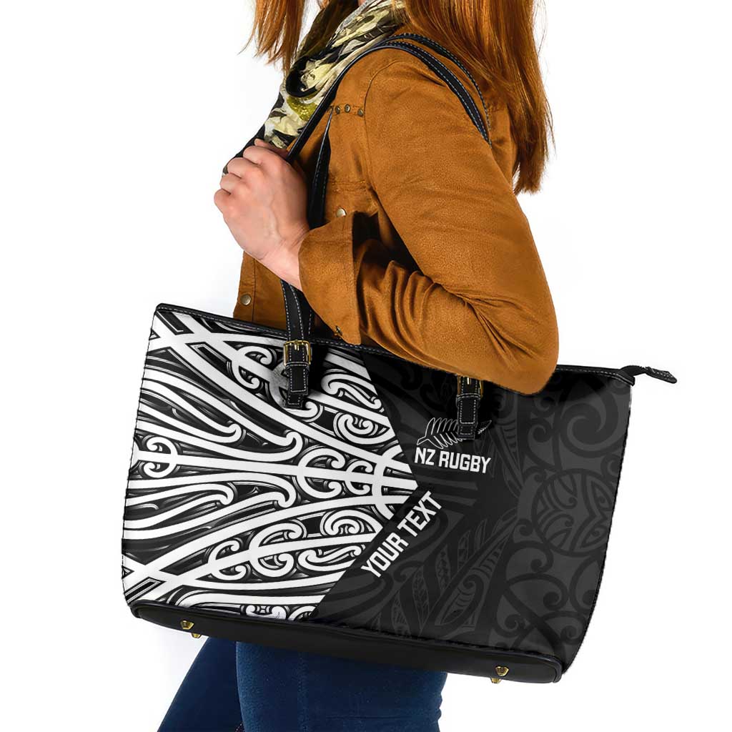 New Zealand Silver Fern Rugby Custom Leather Tote Bag Maori Koru Go Black Fern - Polynesian Pride