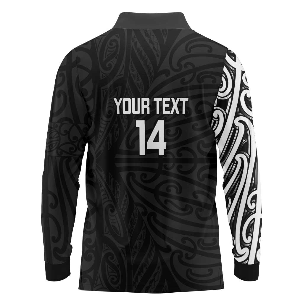 New Zealand Silver Fern Rugby Custom Long Sleeve Polo Shirt Maori Koru Go Black Fern - Polynesian Pride