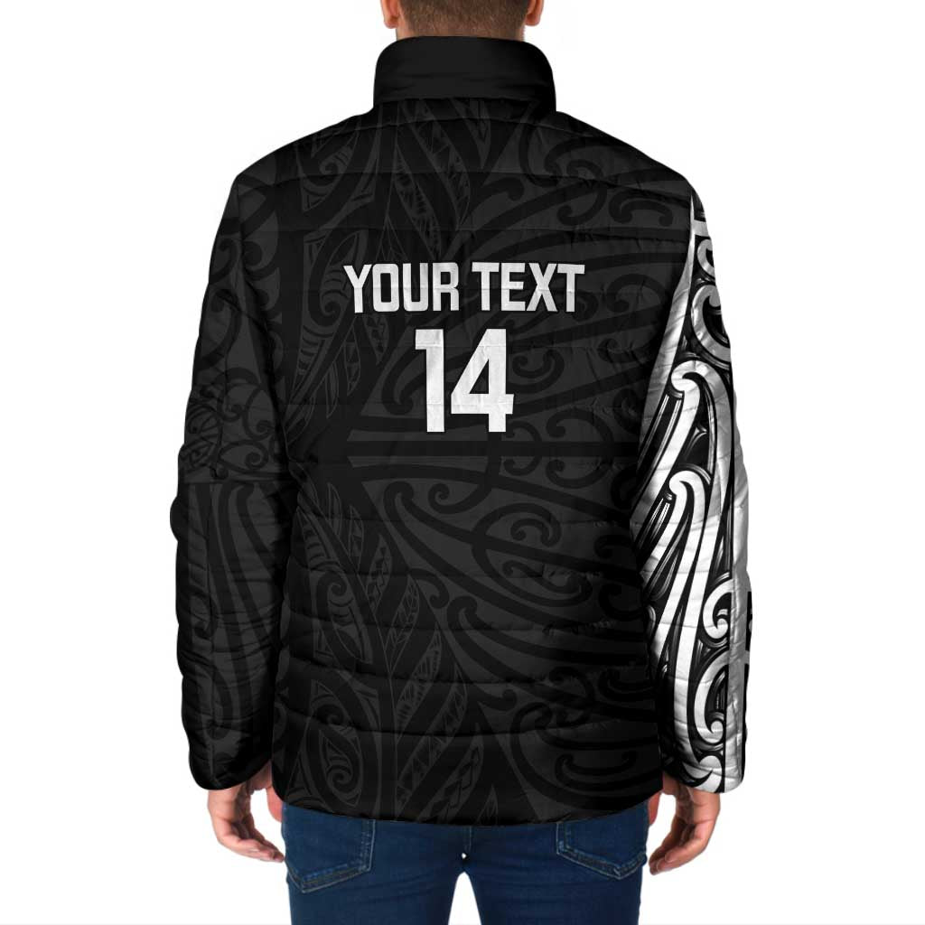 New Zealand Silver Fern Rugby Custom Padded Jacket Maori Koru Go Black Fern - Polynesian Pride