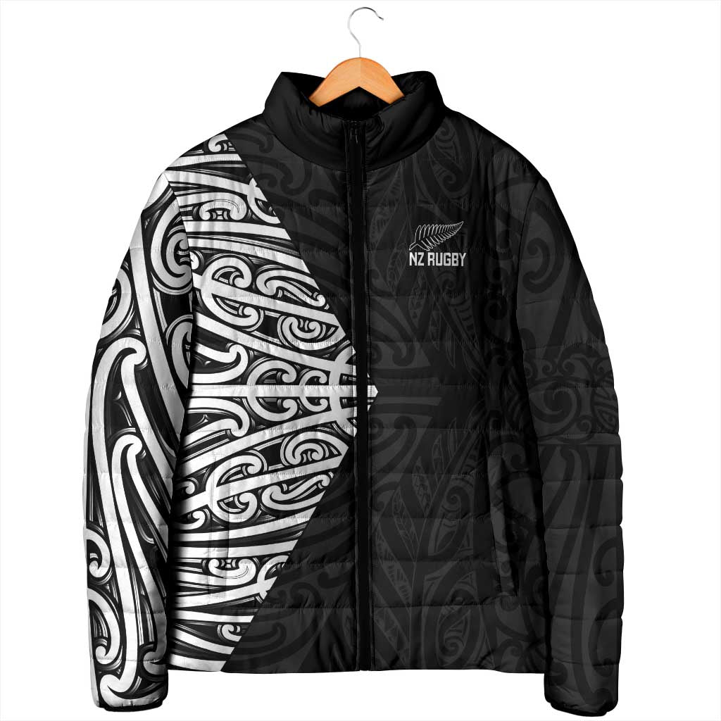 New Zealand Silver Fern Rugby Custom Padded Jacket Maori Koru Go Black Fern - Polynesian Pride