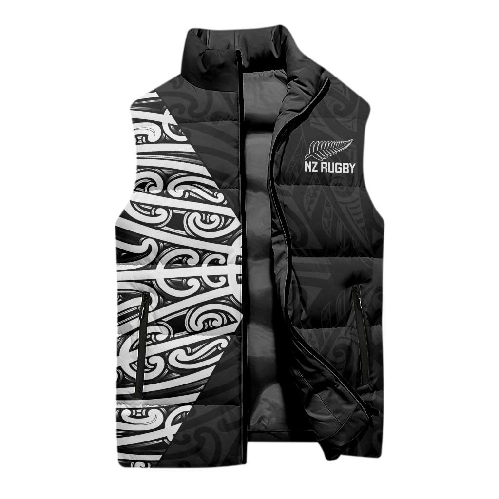 New Zealand Silver Fern Rugby Custom Sleeveless Puffer Jacket Maori Koru Go Black Fern - Polynesian Pride