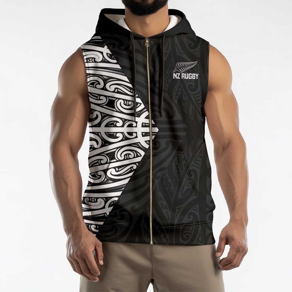 New Zealand Silver Fern Rugby Custom Sleeveless Zip Hoodie Maori Koru Go Black Fern - Polynesian Pride