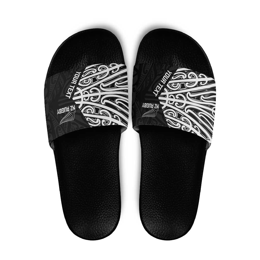 New Zealand Silver Fern Rugby Custom Slide Sandals Maori Koru Go Black Fern - Polynesian Pride