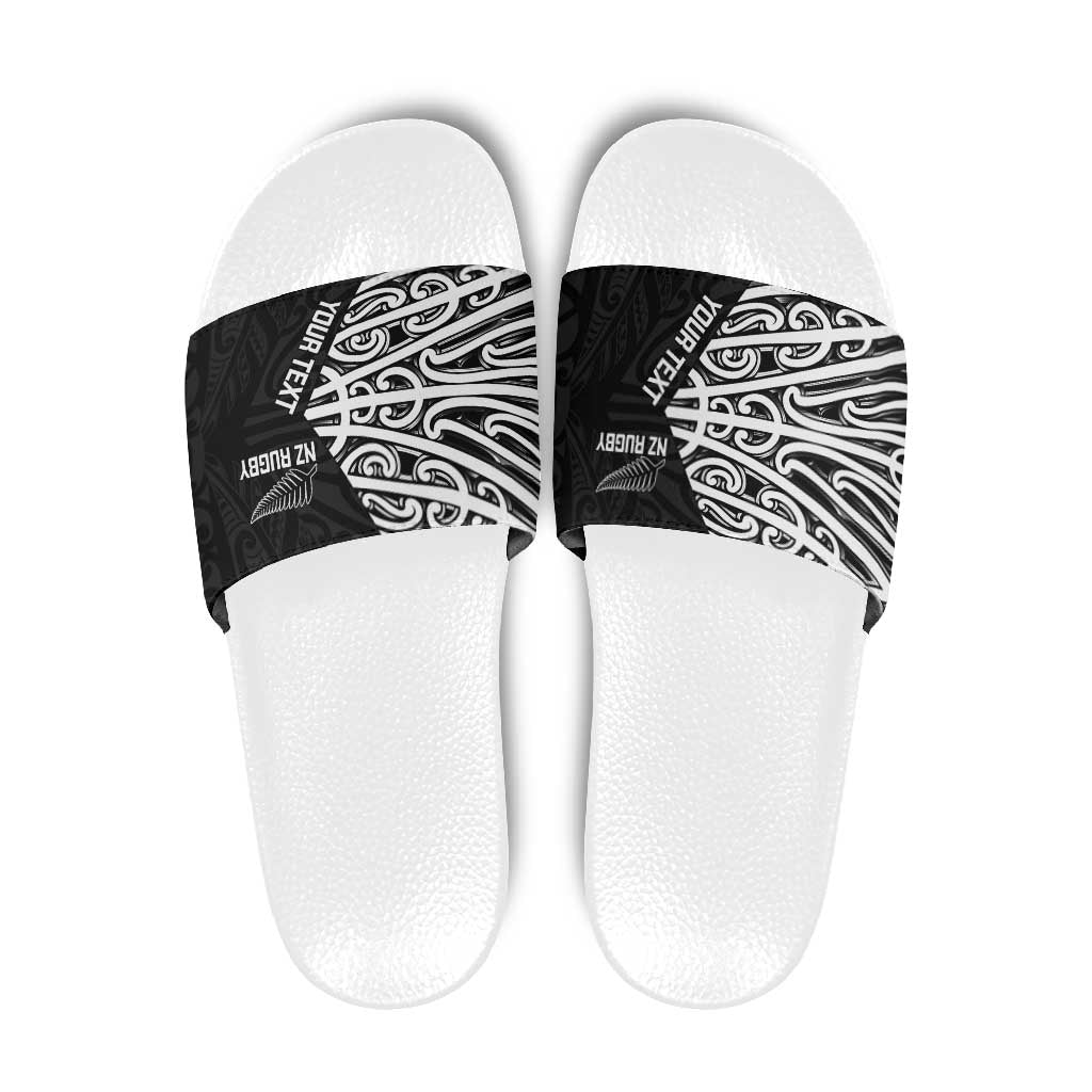 New Zealand Silver Fern Rugby Custom Slide Sandals Maori Koru Go Black Fern - Polynesian Pride