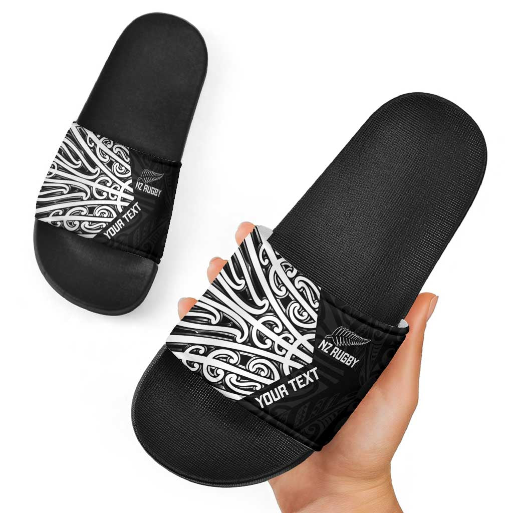 New Zealand Silver Fern Rugby Custom Slide Sandals Maori Koru Go Black Fern - Polynesian Pride