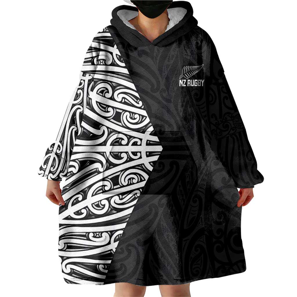 New Zealand Silver Fern Rugby Custom Wearable Blanket Hoodie Maori Koru Go Black Fern - Polynesian Pride