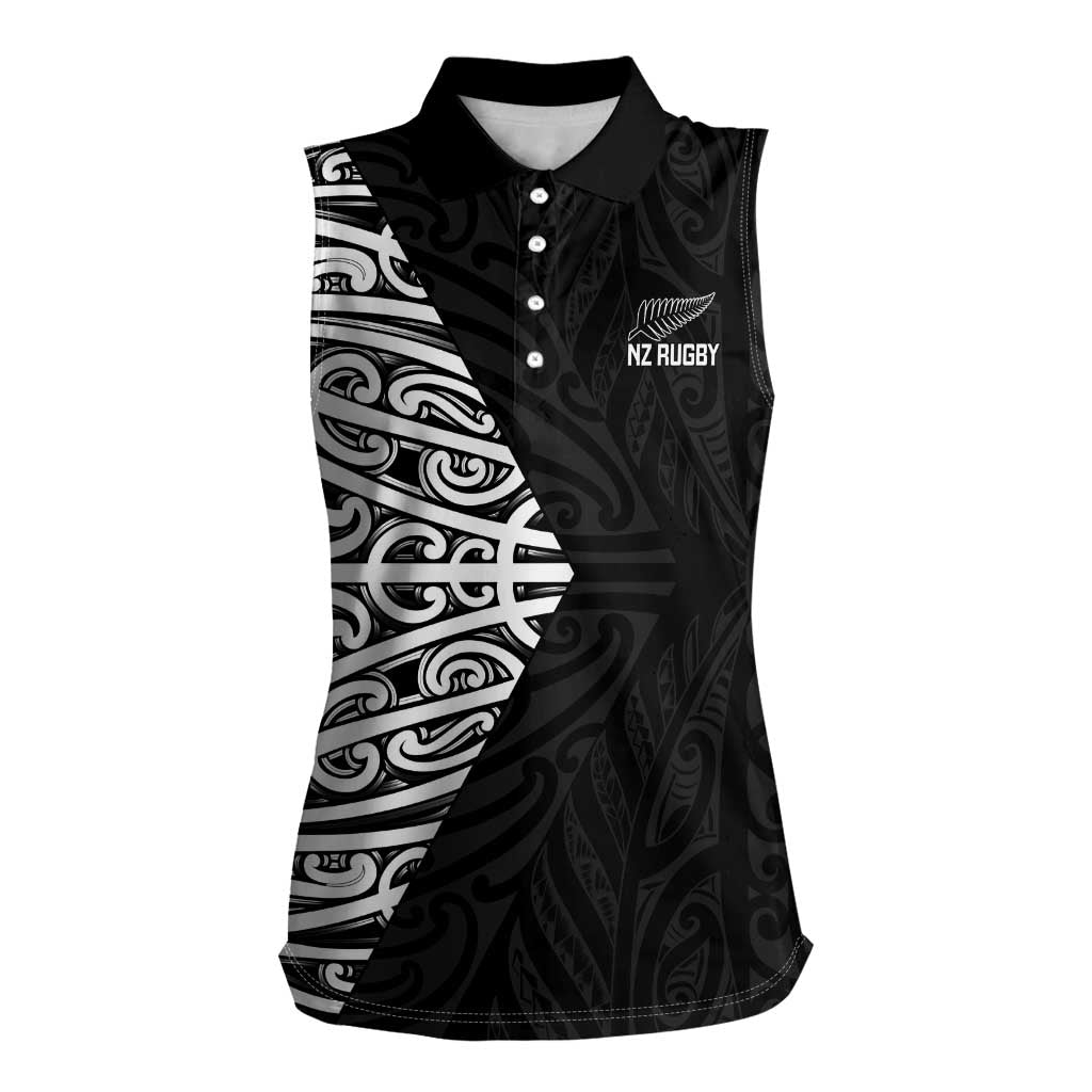 New Zealand Silver Fern Rugby Custom Women Sleeveless Polo Shirt Maori Koru Go Black Fern - Polynesian Pride