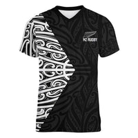 New Zealand Silver Fern Rugby Custom Women V-Neck T-Shirt Maori Koru Go Black Fern - Polynesian Pride