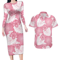 Pink Aloha Hawaii Couples Matching Long Sleeve Bodycon Dress and Hawaiian Shirt Monstera Hibiscus Plumeria Seamless Vibes - Polynesian Pride