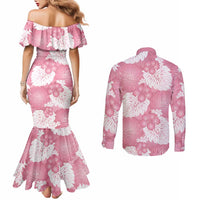 Pink Aloha Hawaii Couples Matching Mermaid Dress and Long Sleeve Button Shirt Monstera Hibiscus Plumeria Seamless Vibes - Polynesian Pride