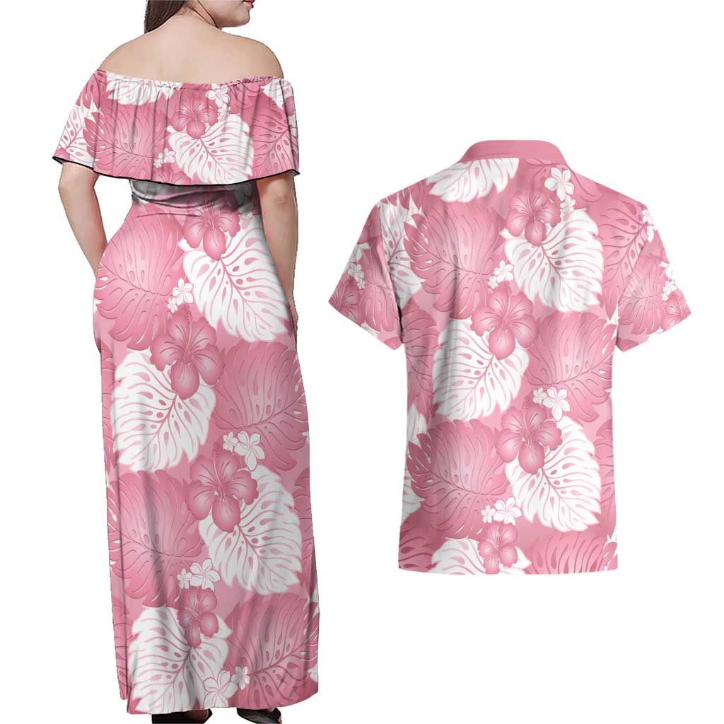 Pink Aloha Hawaii Couples Matching Off Shoulder Maxi Dress and Hawaiian Shirt Monstera Hibiscus Plumeria Seamless Vibes - Polynesian Pride