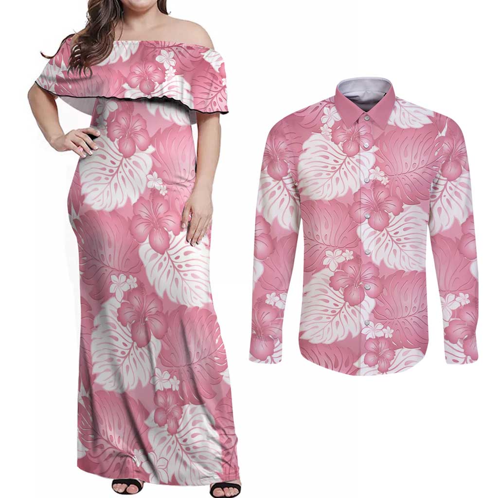 Pink Aloha Hawaii Couples Matching Off Shoulder Maxi Dress and Long Sleeve Button Shirt Monstera Hibiscus Plumeria Seamless Vibes - Polynesian Pride