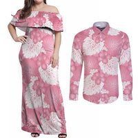 Pink Aloha Hawaii Couples Matching Off Shoulder Maxi Dress and Long Sleeve Button Shirt Monstera Hibiscus Plumeria Seamless Vibes - Polynesian Pride