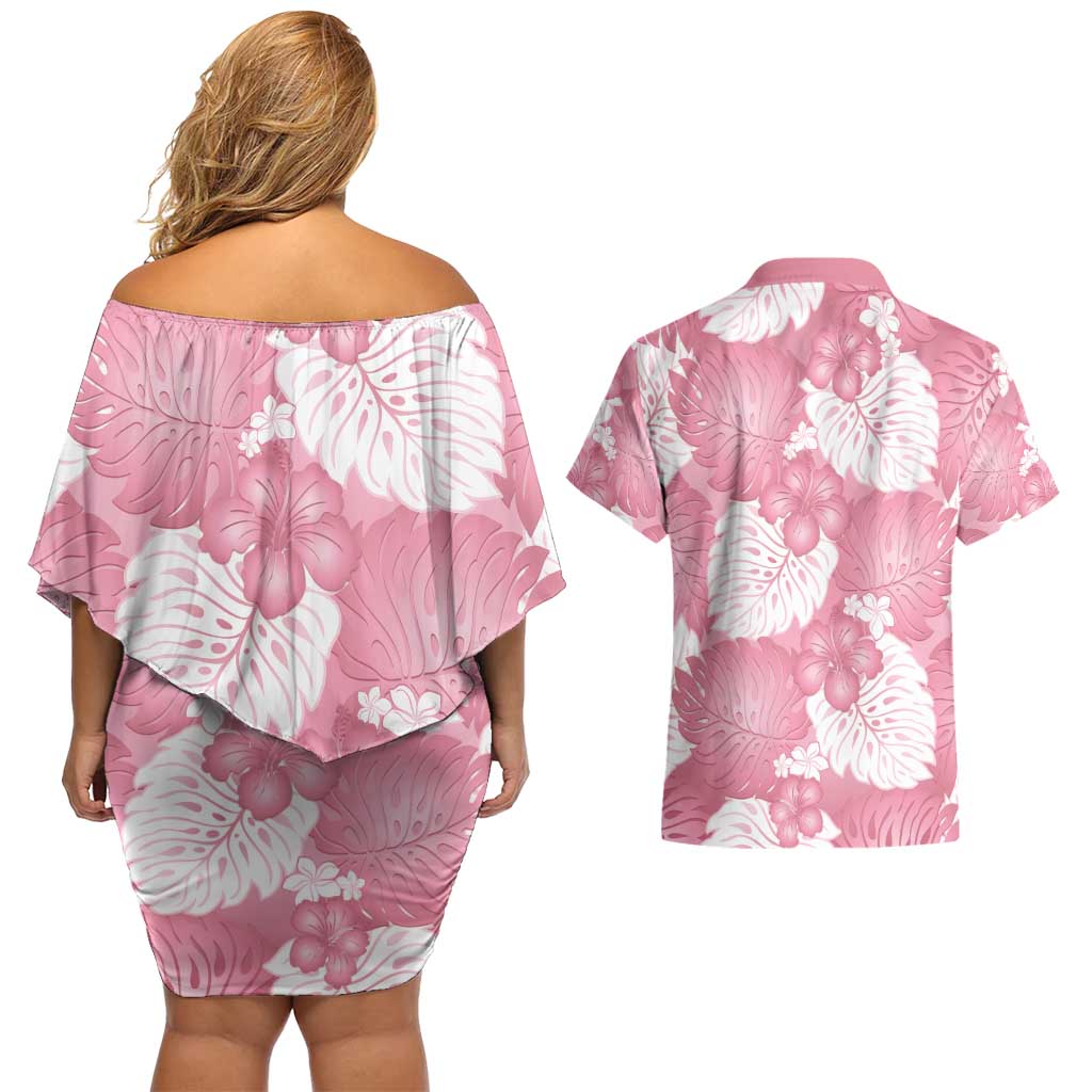 Pink Aloha Hawaii Couples Matching Off Shoulder Short Dress and Hawaiian Shirt Monstera Hibiscus Plumeria Seamless Vibes - Polynesian Pride