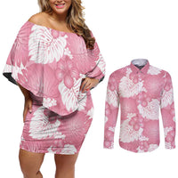 Pink Aloha Hawaii Couples Matching Off Shoulder Short Dress and Long Sleeve Button Shirt Monstera Hibiscus Plumeria Seamless Vibes - Polynesian Pride
