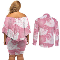 Pink Aloha Hawaii Couples Matching Off Shoulder Short Dress and Long Sleeve Button Shirt Monstera Hibiscus Plumeria Seamless Vibes - Polynesian Pride