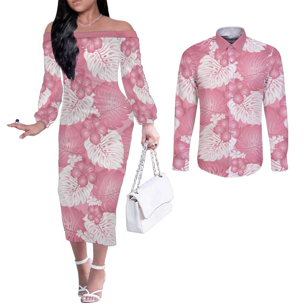 Pink Aloha Hawaii Couples Matching Off The Shoulder Long Sleeve Dress and Long Sleeve Button Shirt Monstera Hibiscus Plumeria Seamless Vibes - Polynesian Pride