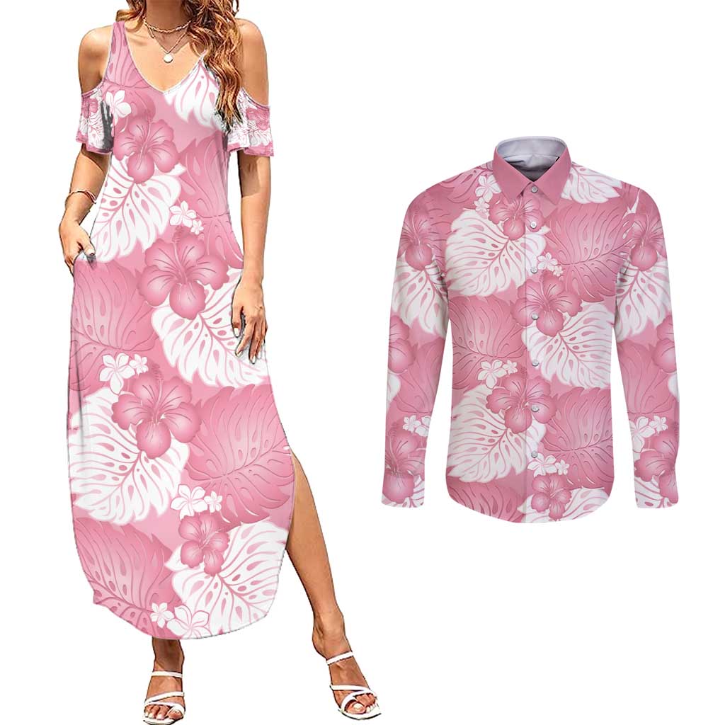 Pink Aloha Hawaii Couples Matching Summer Maxi Dress and Long Sleeve Button Shirt Monstera Hibiscus Plumeria Seamless Vibes - Polynesian Pride