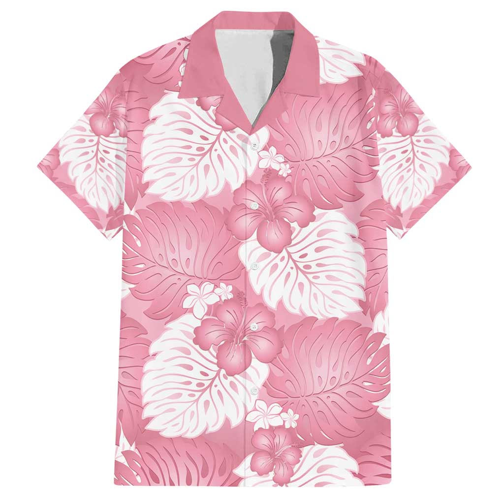 Pink Aloha Hawaii Family Matching Off Shoulder Short Dress and Hawaiian Shirt Monstera Hibiscus Plumeria Seamless Vibes - Polynesian Pride