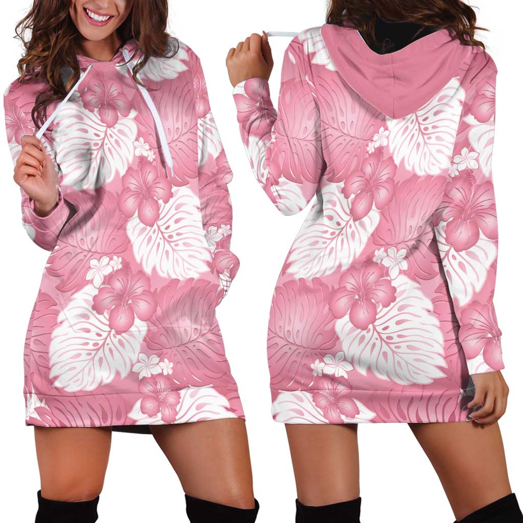 Pink Aloha Hawaii Hoodie Dress Monstera Hibiscus Plumeria Seamless Vibes - Polynesian Pride