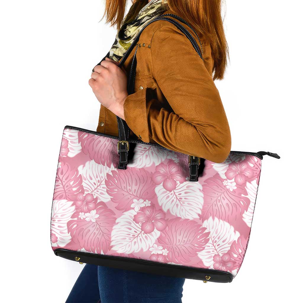 Pink Aloha Hawaii Leather Tote Bag Monstera Hibiscus Plumeria Seamless Vibes - Polynesian Pride