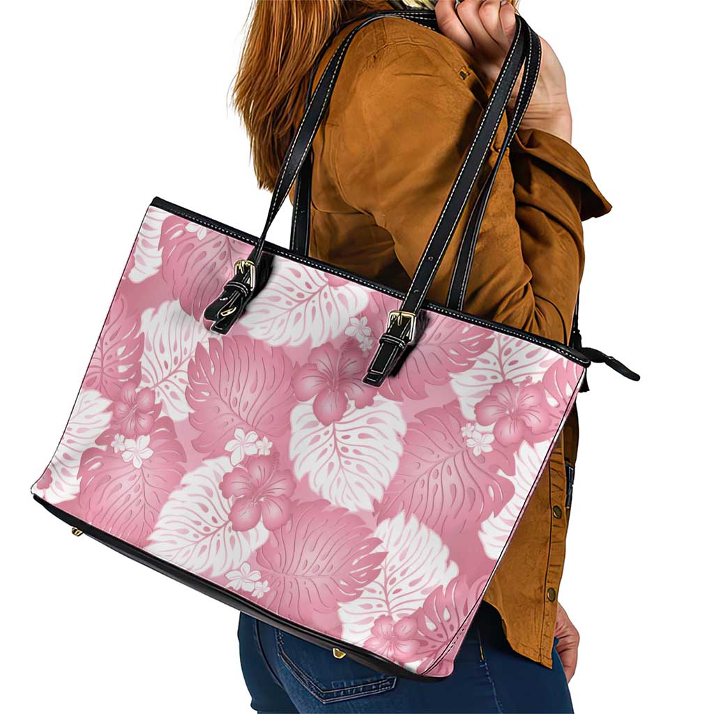 Pink Aloha Hawaii Leather Tote Bag Monstera Hibiscus Plumeria Seamless Vibes - Polynesian Pride