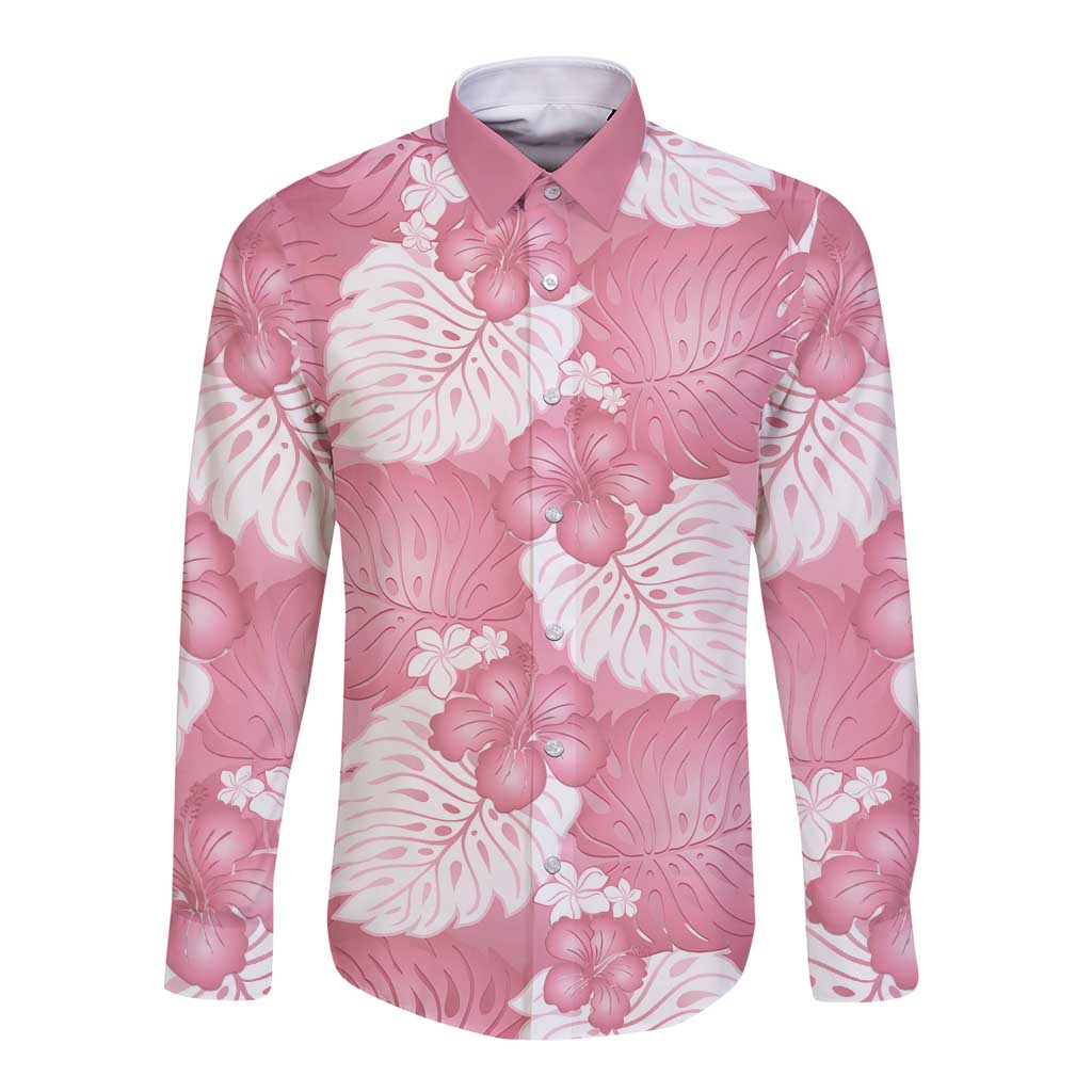Pink Aloha Hawaii Long Sleeve Button Shirt Monstera Hibiscus Plumeria Seamless Vibes - Polynesian Pride