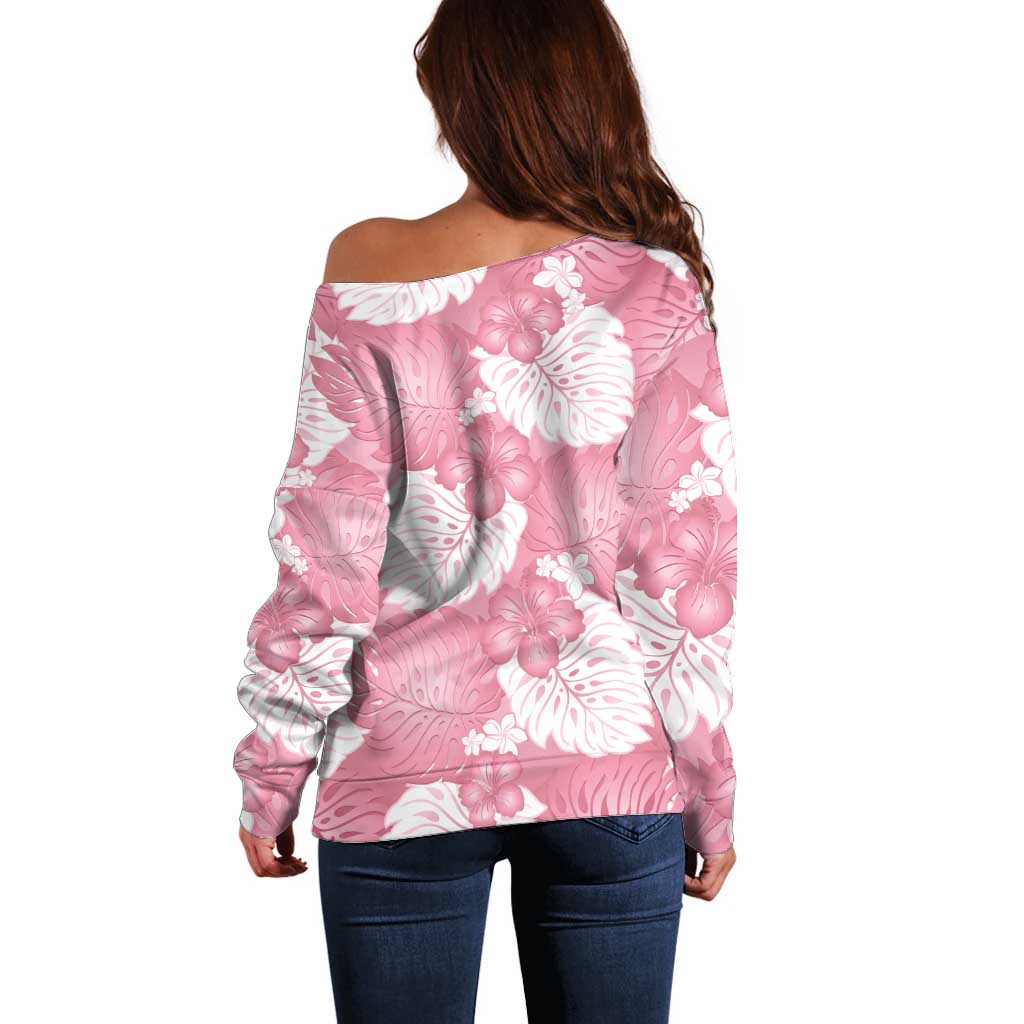 Pink Aloha Hawaii Off Shoulder Sweater Monstera Hibiscus Plumeria Seamless Vibes - Polynesian Pride